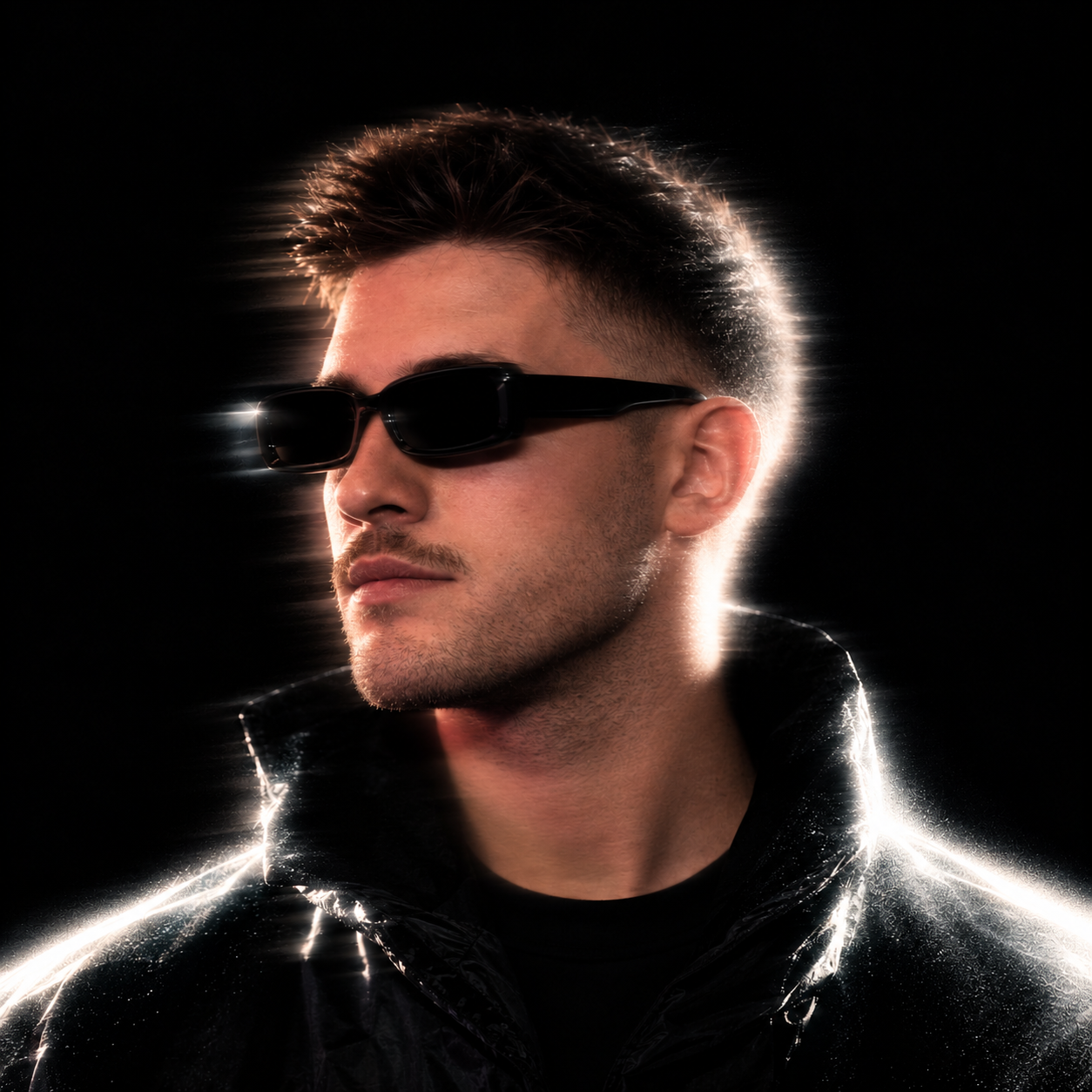 Raeva wearing dark sunglasses and a black jacket, outlined by warm white light